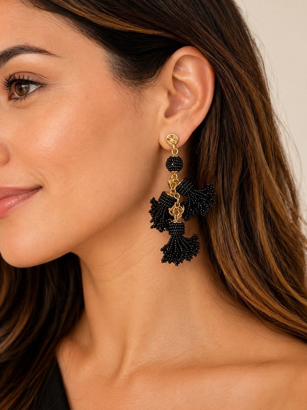 J. Crew Black and Gold Beaded Tassel Drop Earrings
